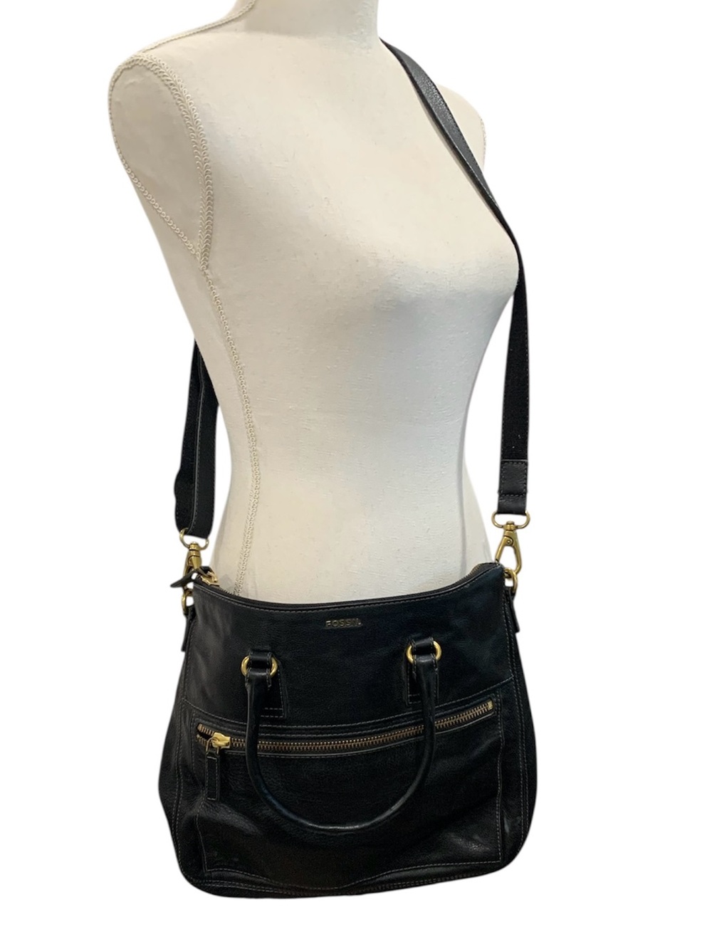 Vintage Fossil Black Pebbled Leather Satchel Crossbody Purse Bag